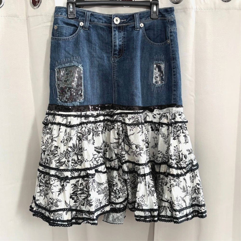 Christiana Zinn Midi Skirt Denim Tiered Mix Media Western Lace Y2K 18440x